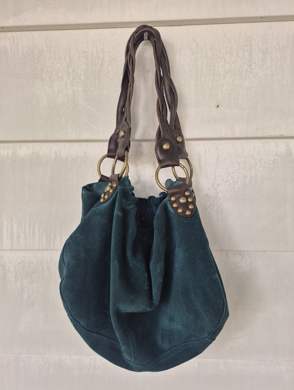 Teal Suede Stud Accent Shoulder Bag - Women
